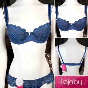 Lejaby Blue Embroidered Eyelet 34A Balconnette Bra w/ Button & Grosgrain Details